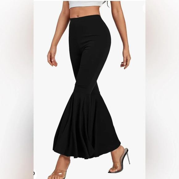 LYANER Casual High Waist Ruffle Flare Pants Wide Leg Solid Stretchy Bell Bottom - Picture 3 of 14